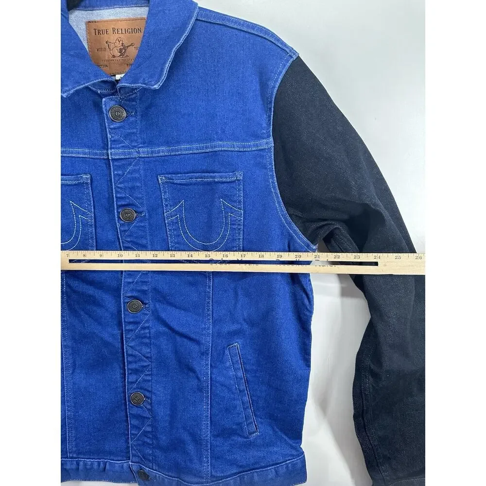 True Religion Men's Dylan 2 Tone Denim Jacket Sz L blue royal Jeans trucker RARE